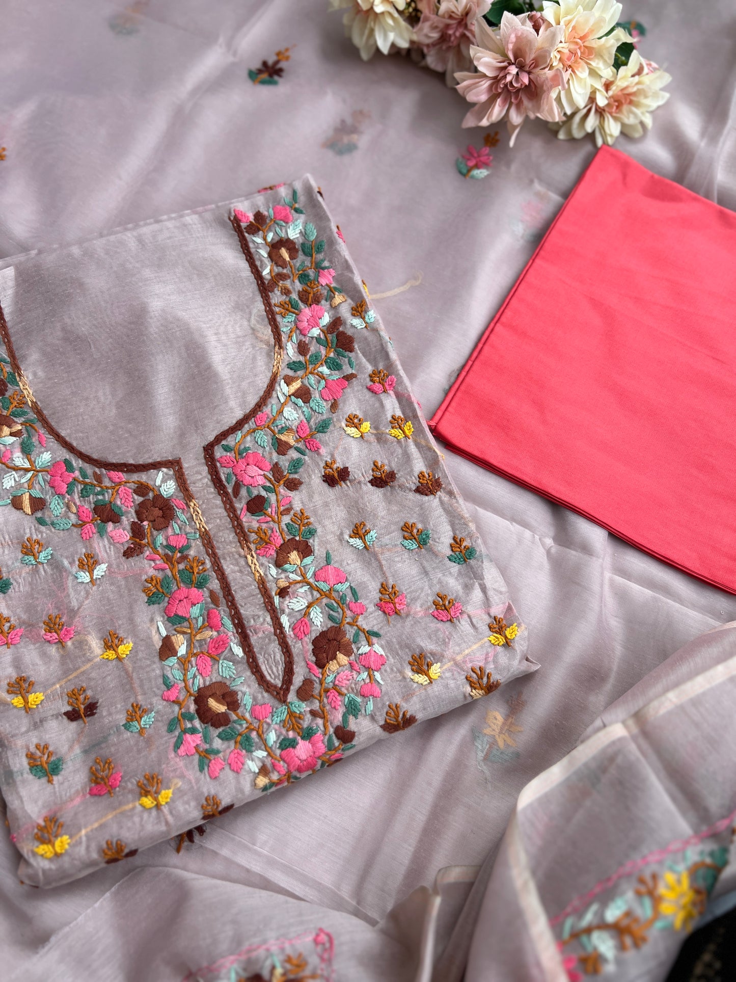 Misty Taupe Chanderi Silk Embroidered Suit