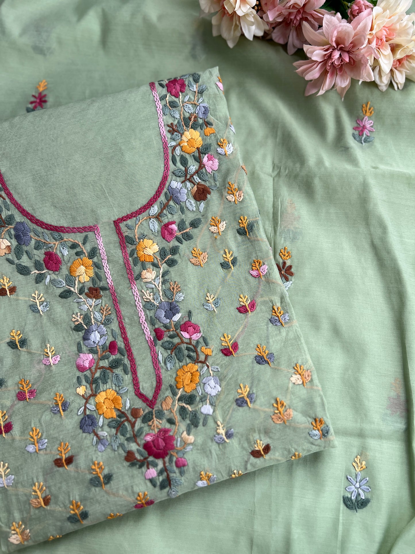 Mint Bloom Resham Handcrafted Chanderi Suit