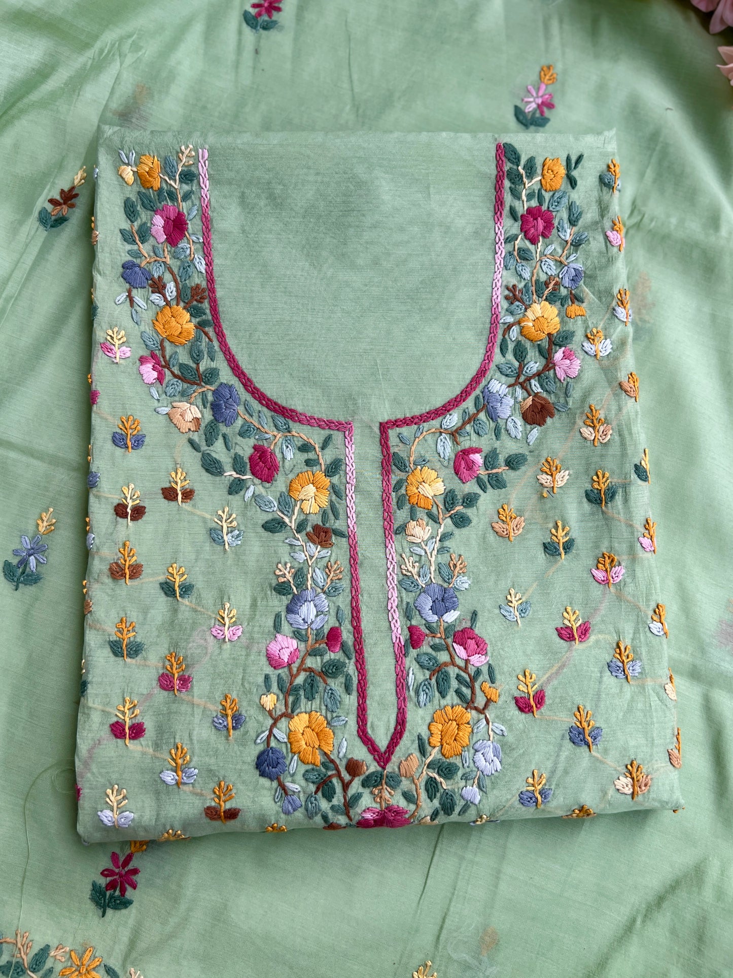 Mint Bloom Resham Handcrafted Chanderi Suit