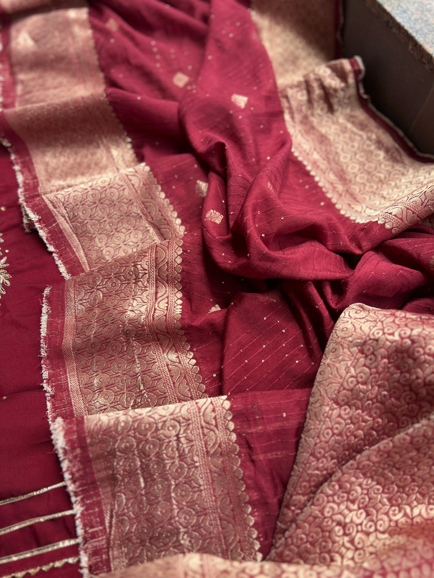 Luxurious Hand-Embroidered Russian Silk Kurta Set with Banarasi Dupatta