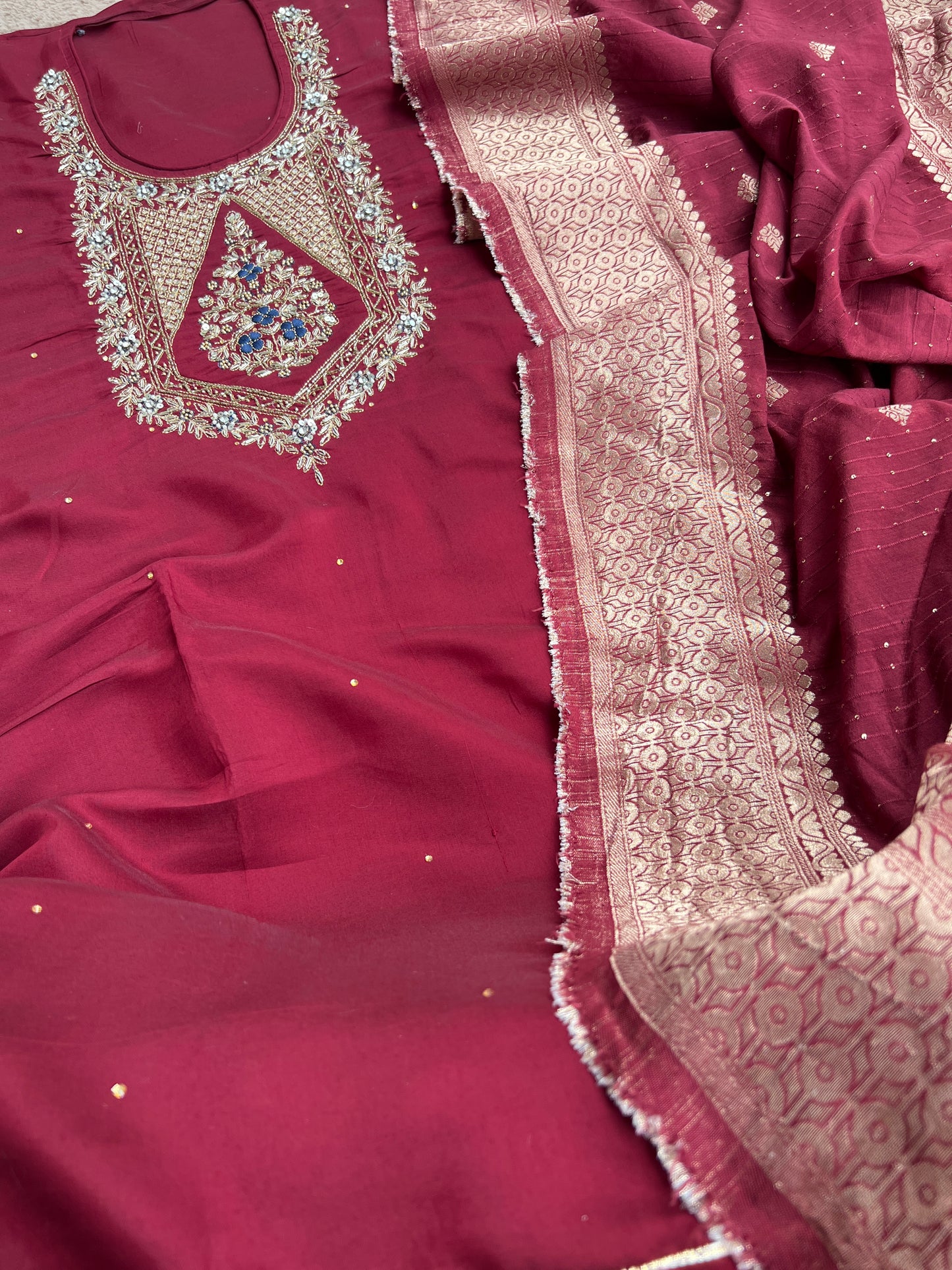 Luxurious Hand-Embroidered Russian Silk Kurta Set with Banarasi Dupatta