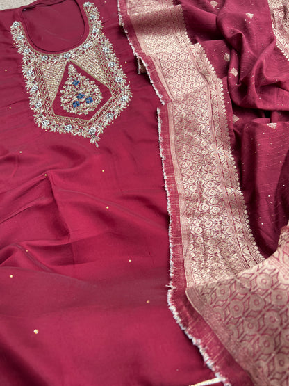 Luxurious Hand-Embroidered Russian Silk Kurta Set with Banarasi Dupatta
