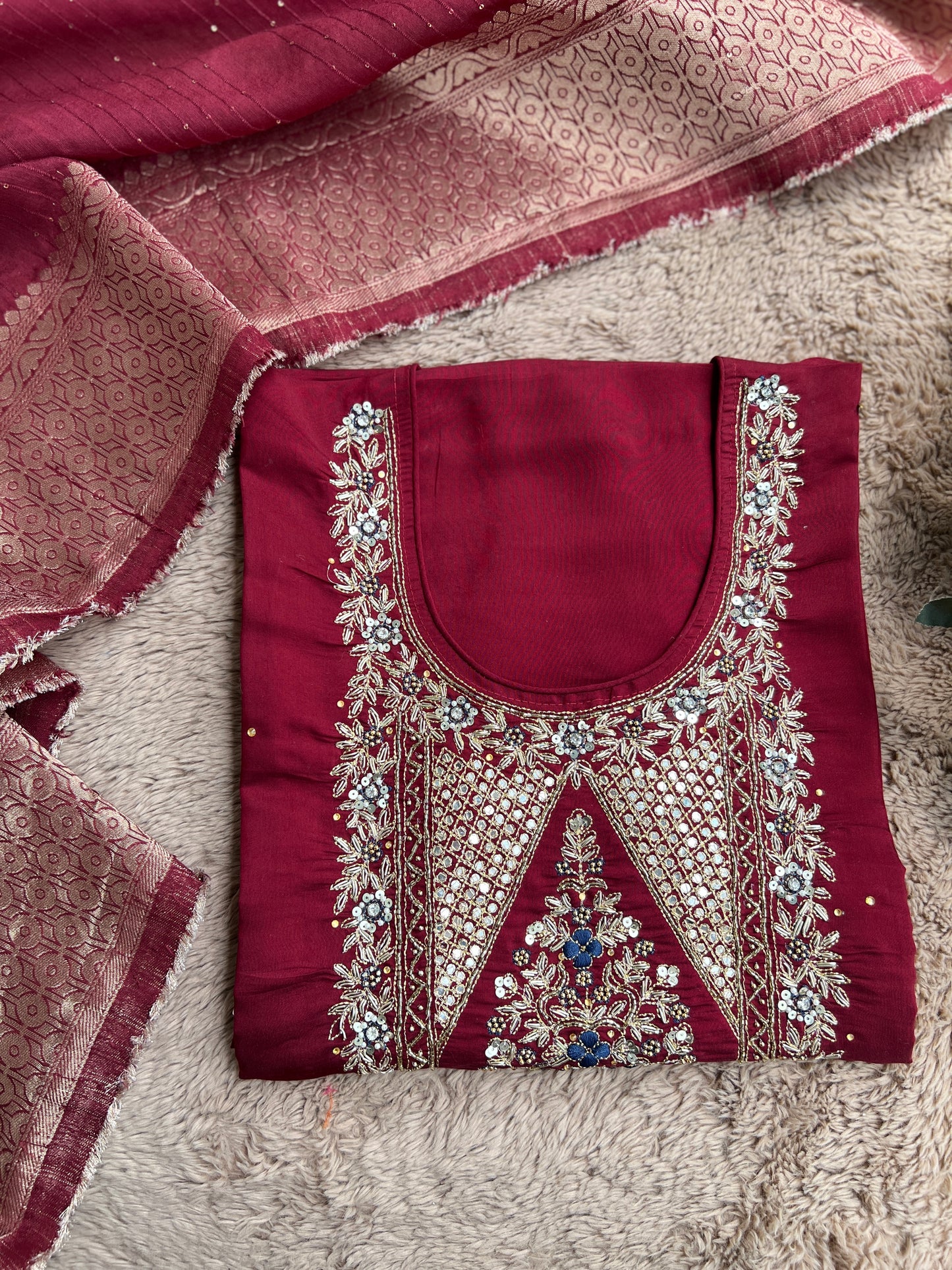 Luxurious Hand-Embroidered Russian Silk Kurta Set with Banarasi Dupatta