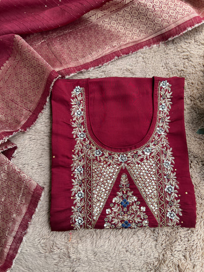 Luxurious Hand-Embroidered Russian Silk Kurta Set with Banarasi Dupatta