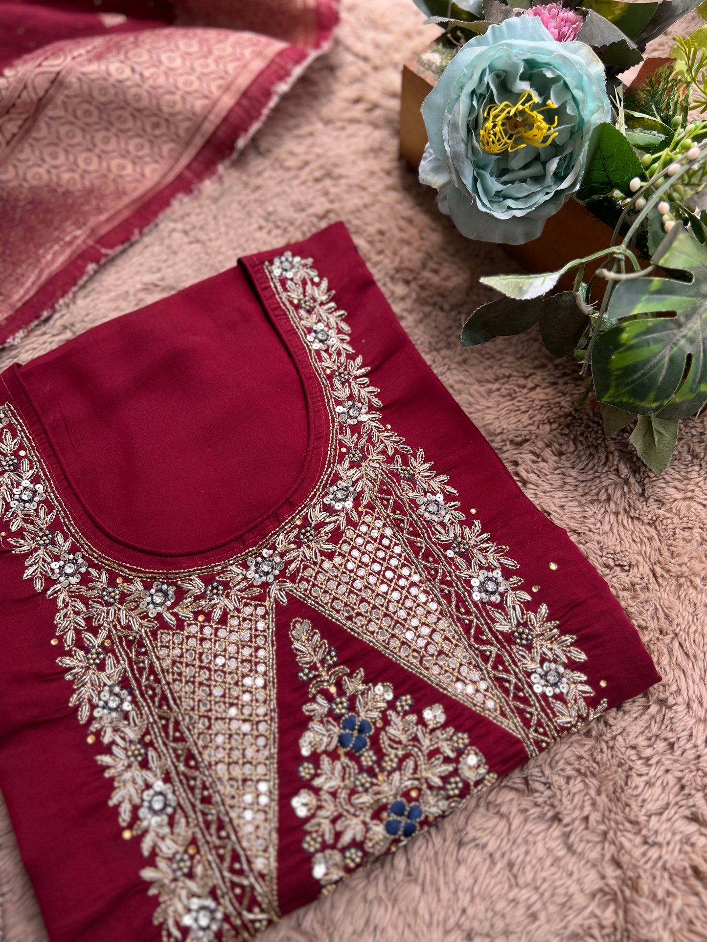 Luxurious Hand-Embroidered Russian Silk Kurta Set with Banarasi Dupatta