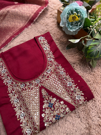 Luxurious Hand-Embroidered Russian Silk Kurta Set with Banarasi Dupatta