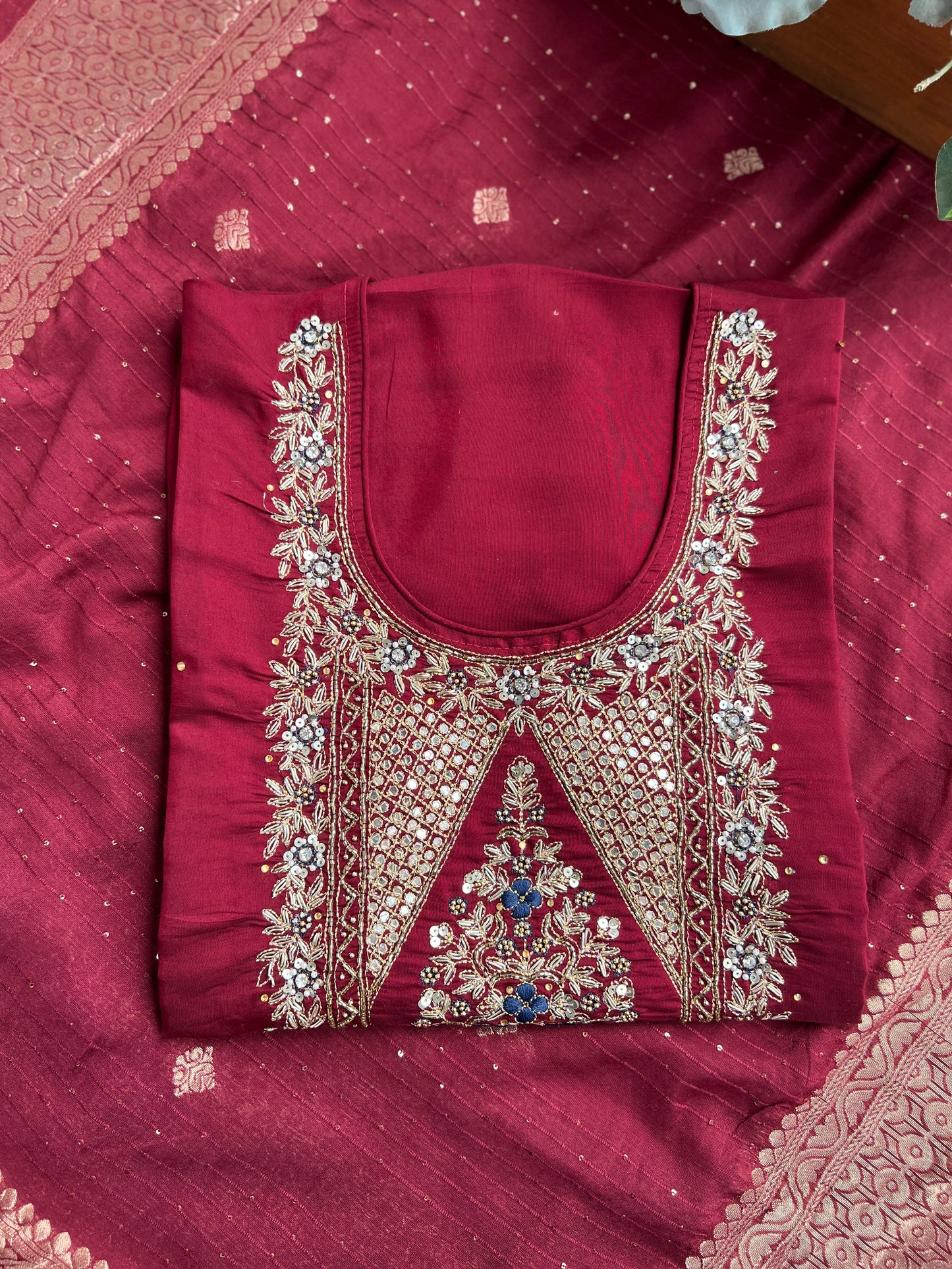 Luxurious Hand-Embroidered Russian Silk Kurta Set with Banarasi Dupatta