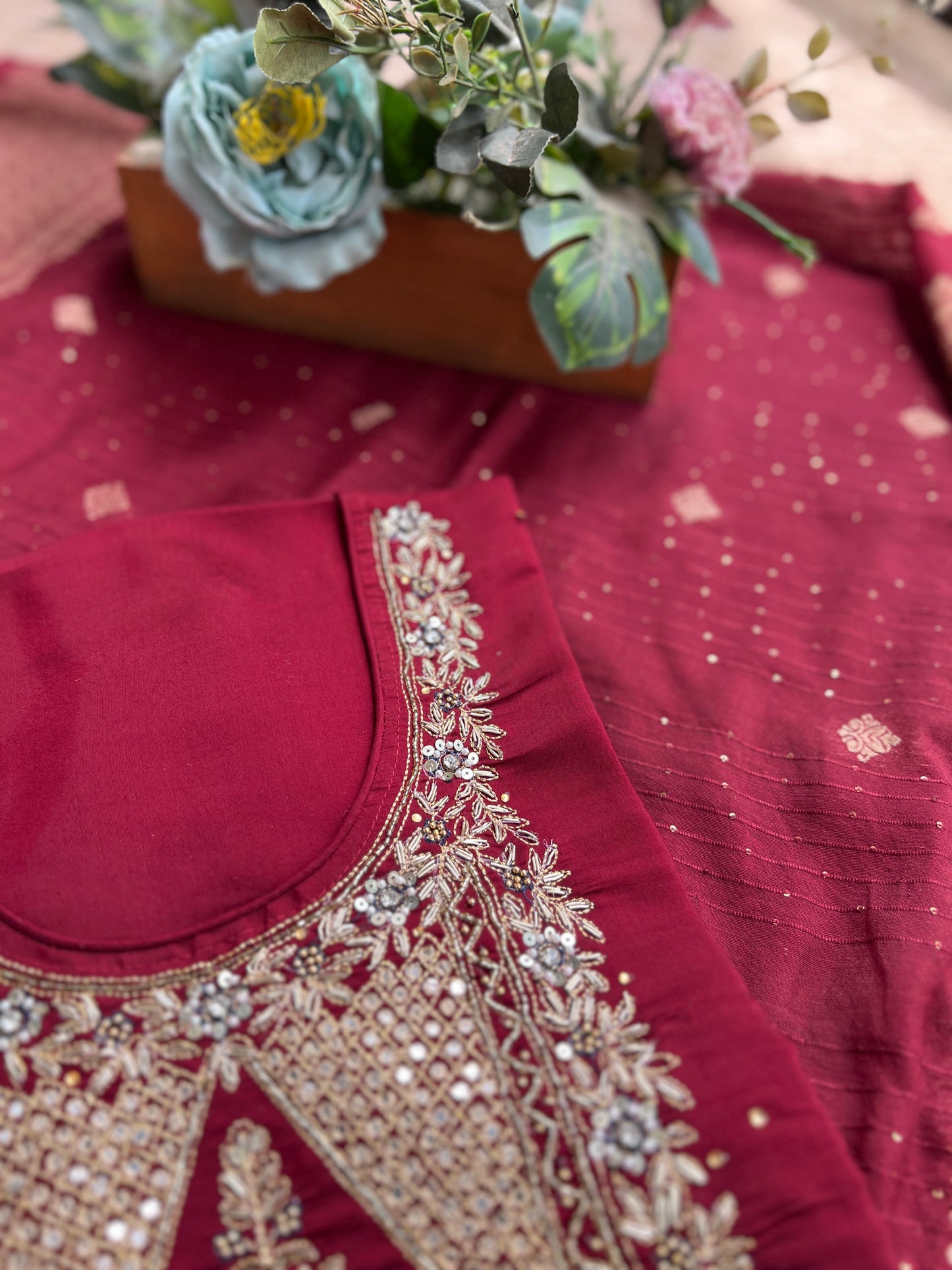 Luxurious Hand-Embroidered Russian Silk Kurta Set with Banarasi Dupatta