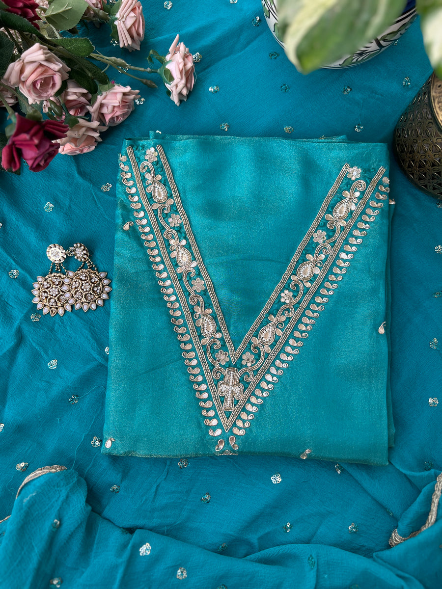 Ice Blue Shimmer Silk Handwork Unstiched suit