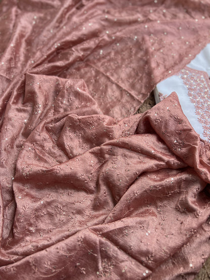 White Crushed Butter Silk Peach Embroidered Salwar suit