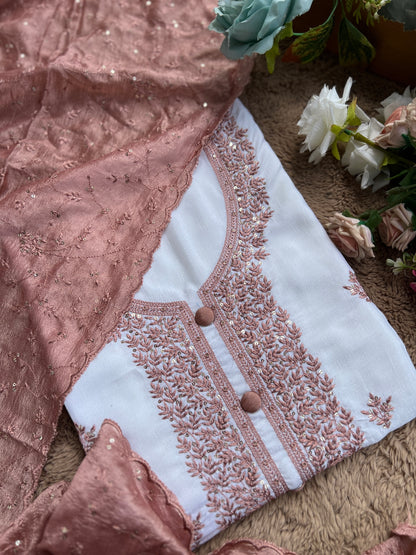 White Crushed Butter Silk Peach Embroidered Salwar suit