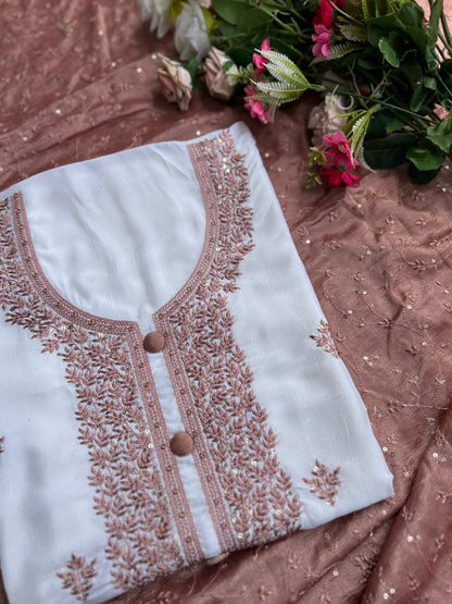 White Crushed Butter Silk Peach Embroidered Salwar suit