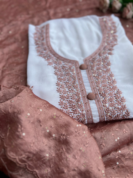White Crushed Butter Silk Peach Embroidered Salwar suit