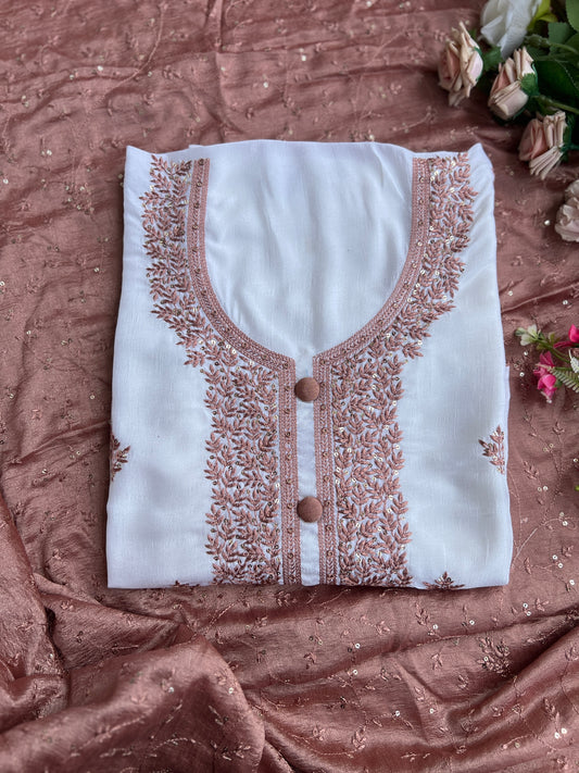 White Crushed Butter Silk Peach Embroidered Salwar suit