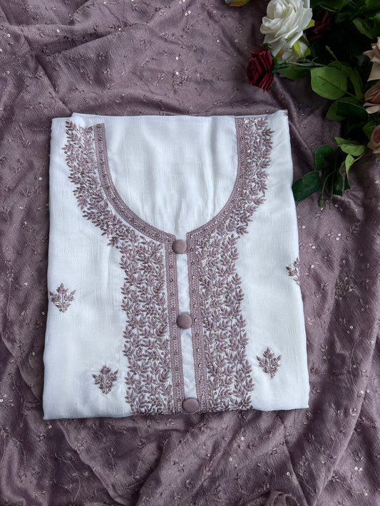White  Crushed Butter Silk Embroidered salwar suit
