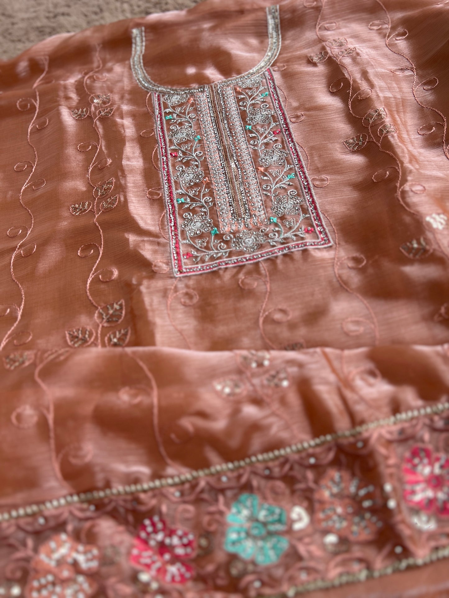 Peach Crushed Shimmer Tissue Suit with Floral Embroidery