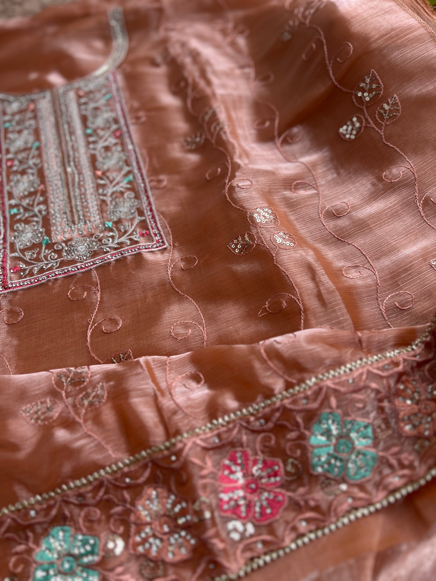 Peach Crushed Shimmer Tissue Suit with Floral Embroidery