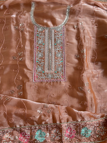 Peach Crushed Shimmer Tissue Suit with Floral Embroidery