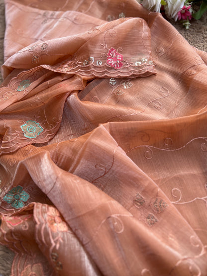 Peach Crushed Shimmer Tissue Suit with Floral Embroidery