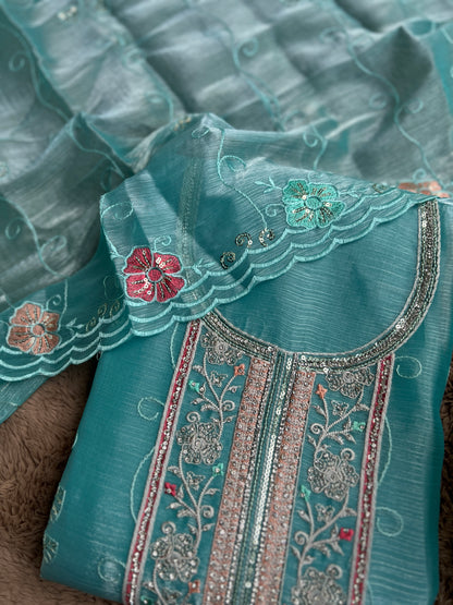 Aqua Blue Crushed Shimmer Tissue Suit with Floral Embroidery