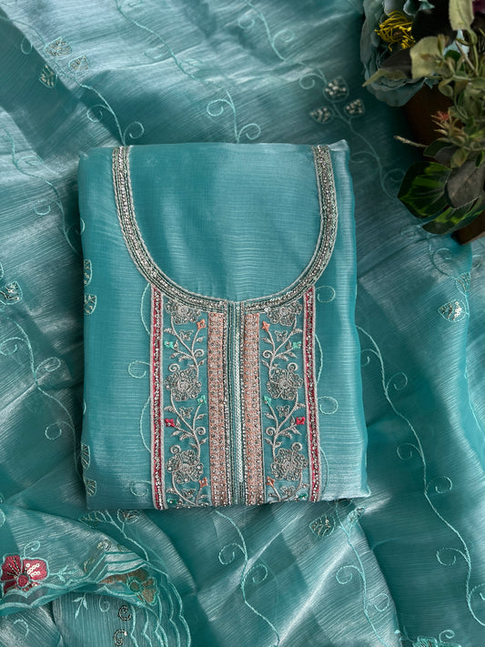 Aqua Blue Crushed Shimmer Tissue Suit with Floral Embroidery