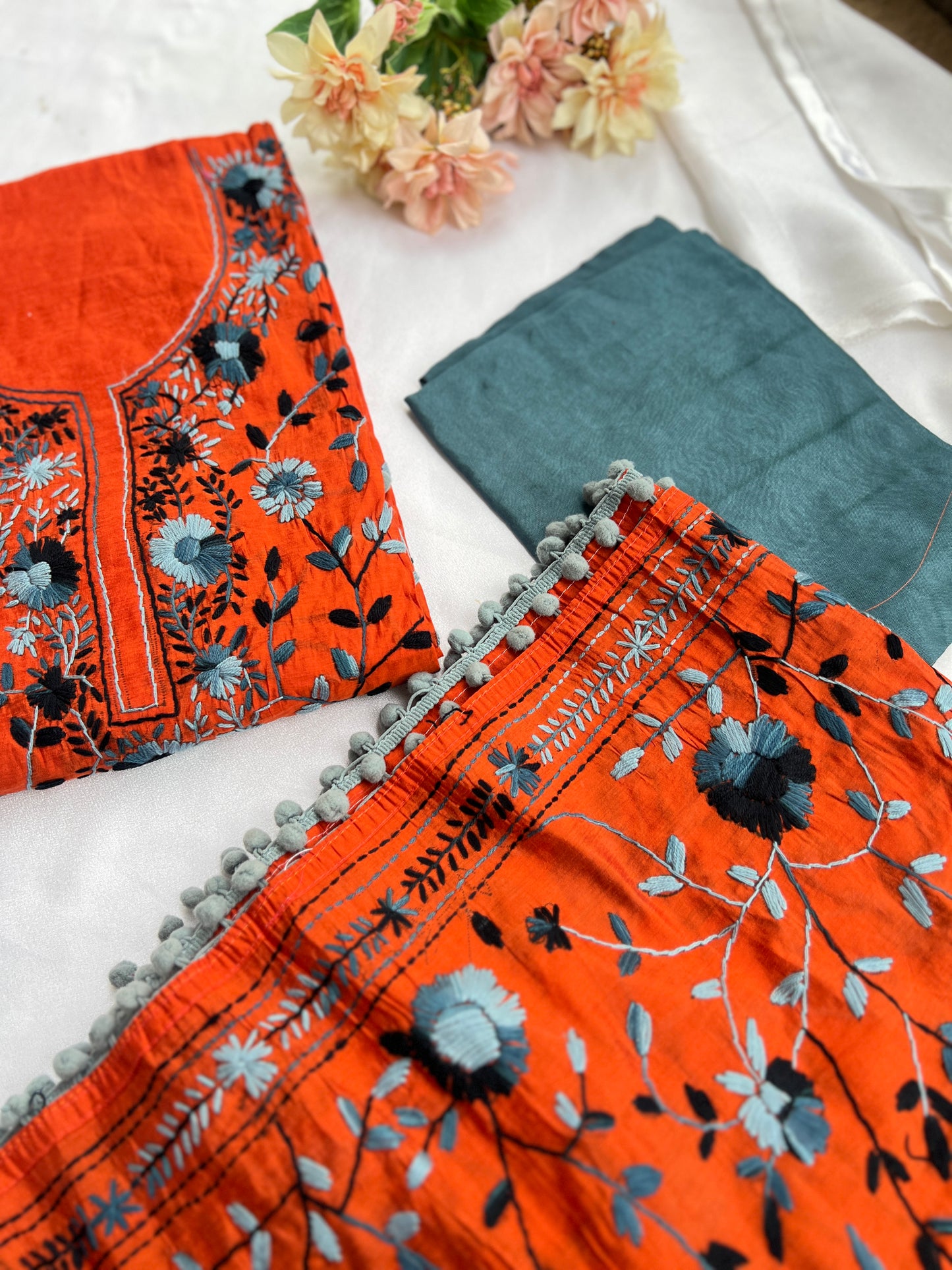 Orange & Slate Hand-Embroidered