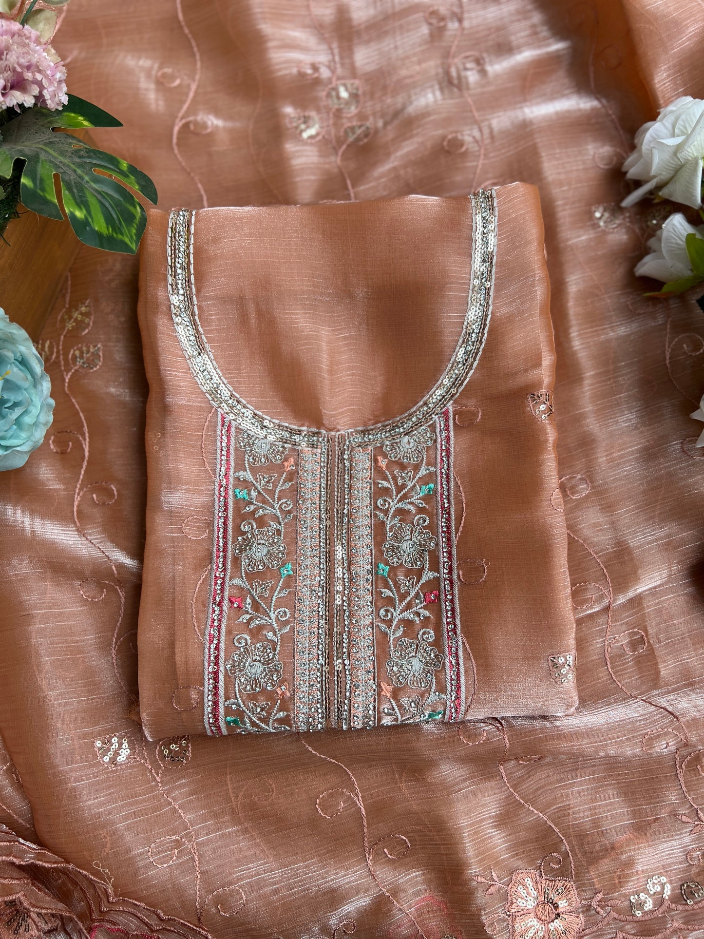 Peach Crushed Shimmer Tissue Suit with Floral Embroidery
