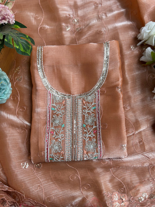 Peach Crushed Shimmer Tissue Suit with Floral Embroidery