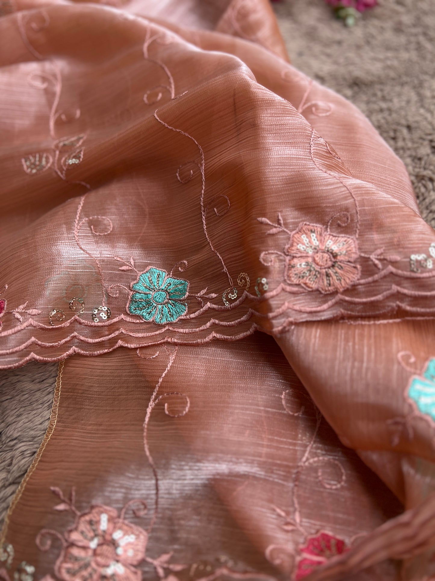 Peach Crushed Shimmer Tissue Suit with Floral Embroidery