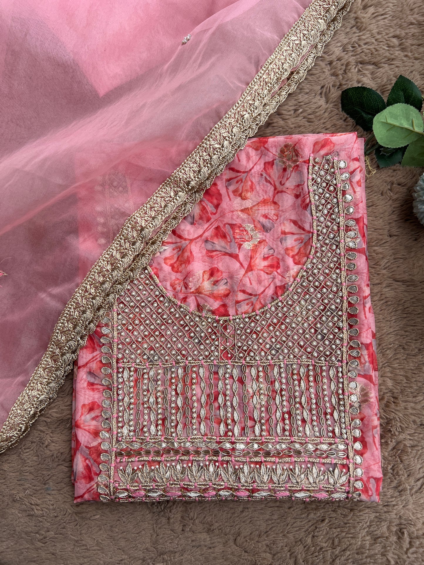 Pink  Organza Handwork Salwar Suit