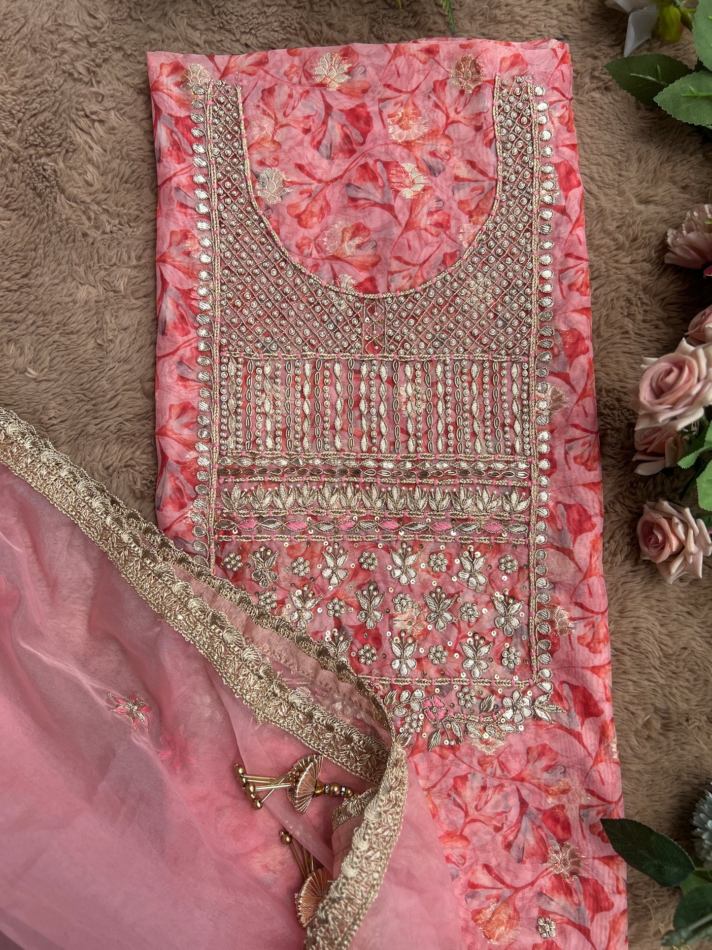 Pink  Organza Handwork Salwar Suit