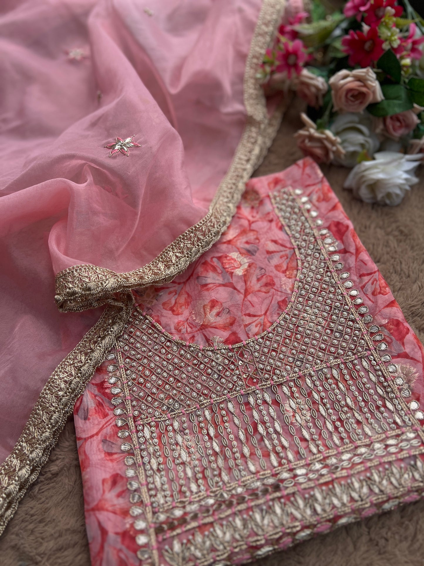 Pink  Organza Handwork Salwar Suit