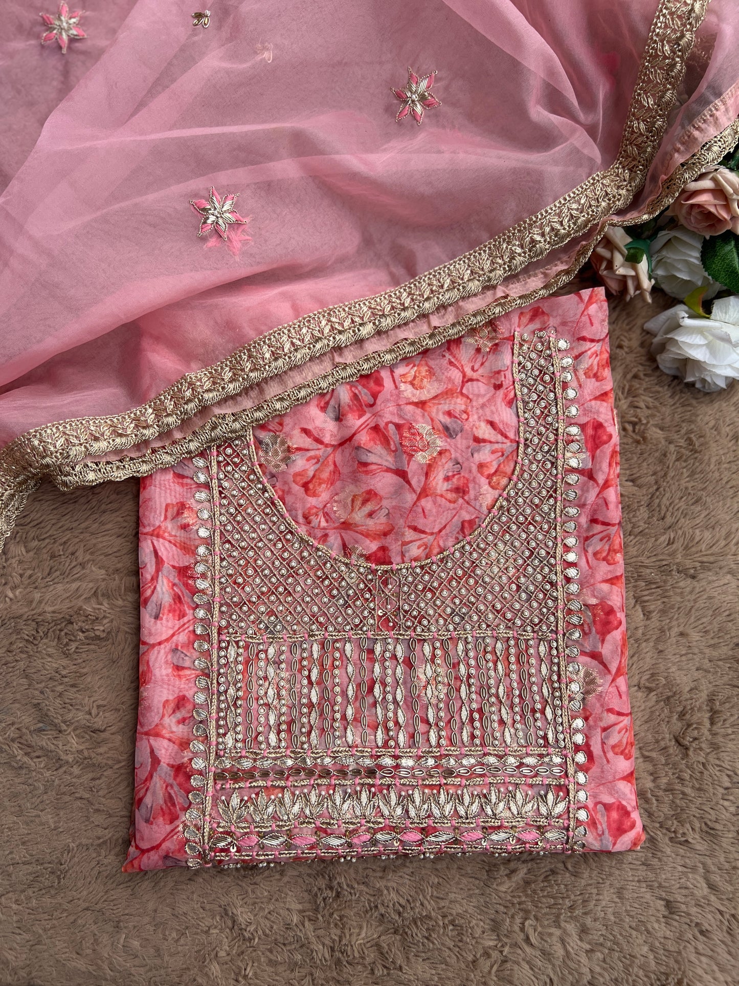 Pink  Organza Handwork Salwar Suit