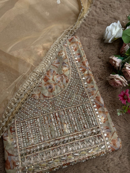 Greenish-Golden Organza Handwork Salwar suit