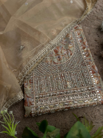 Greenish-Golden Organza Handwork Salwar suit