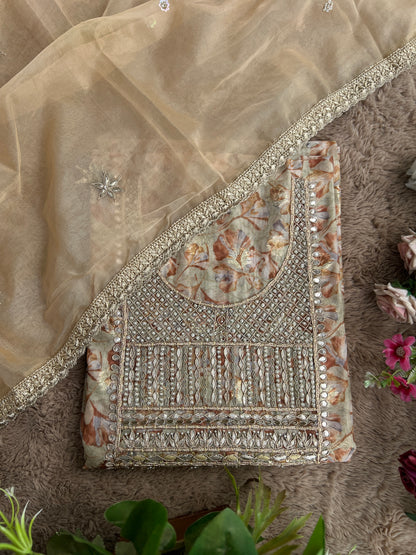 Greenish-Golden Organza Handwork Salwar suit