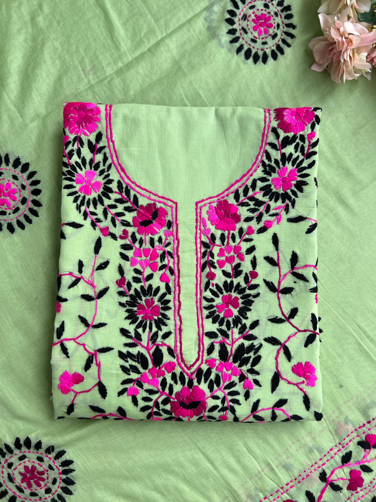 Mint Green Floral Embroidered Cotton Suit