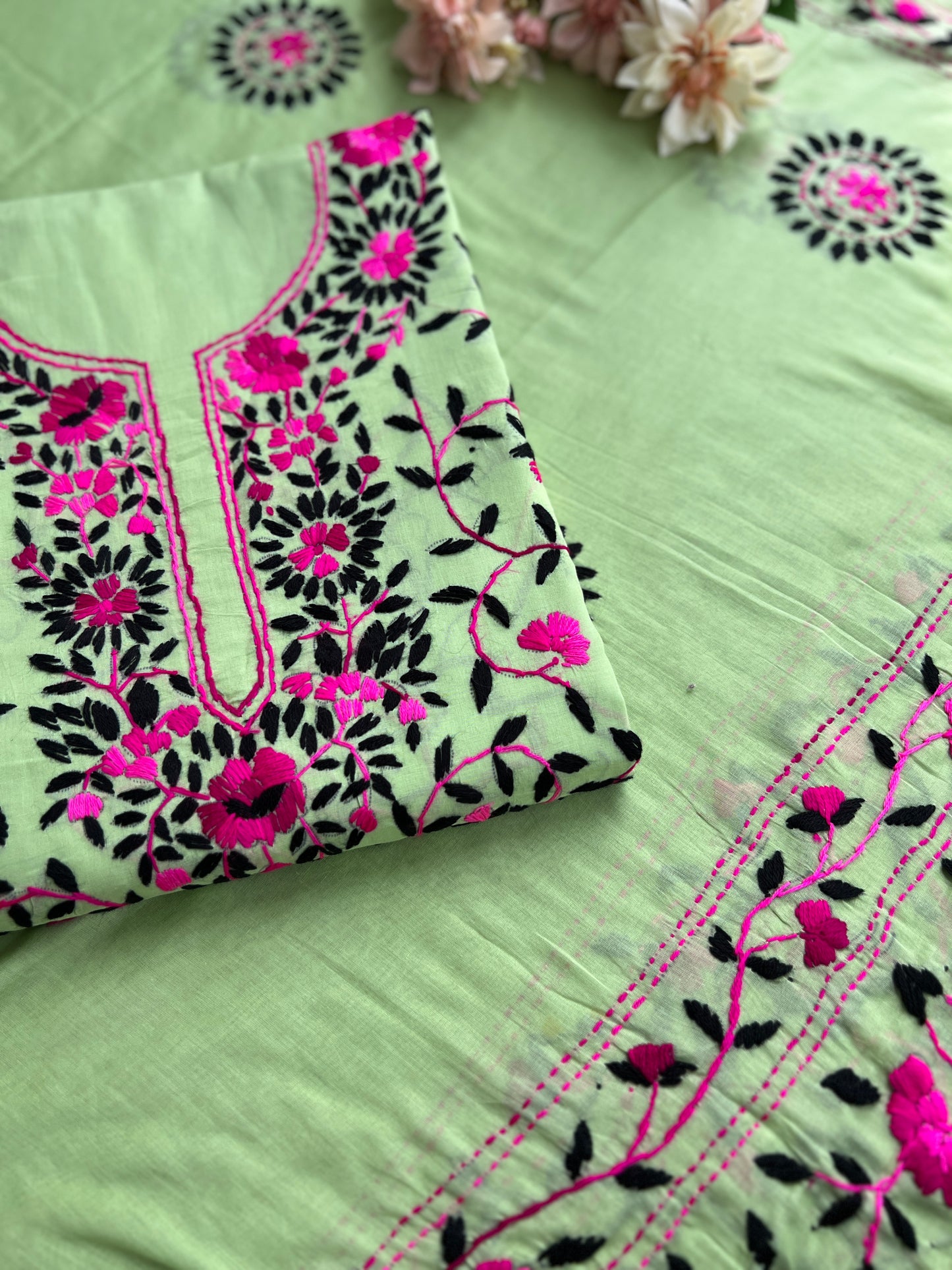 Mint Green Floral Embroidered Cotton Suit