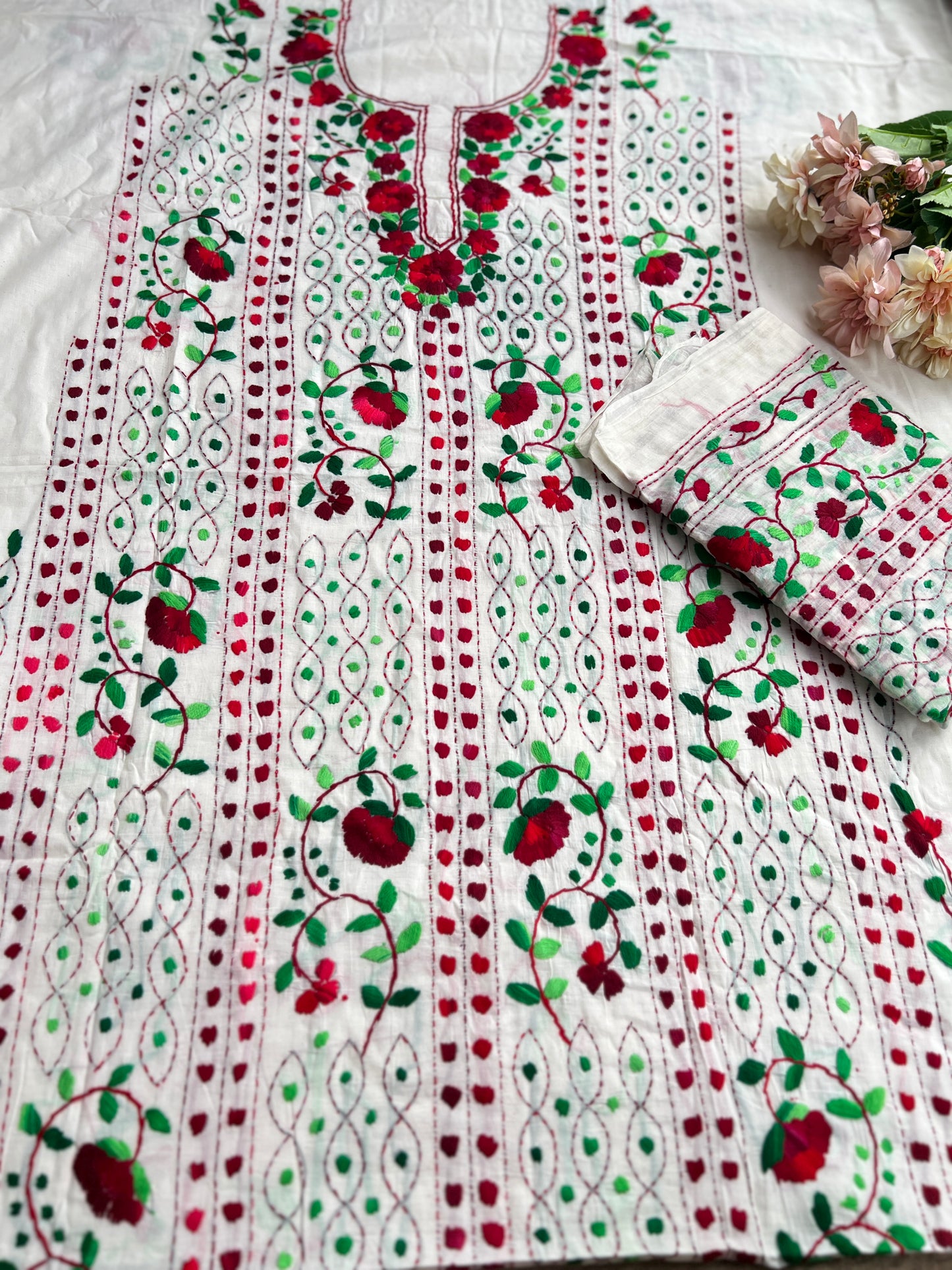 Ivory White Crimson Floral Embroidery Suit
