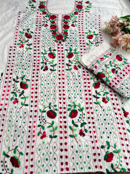 Ivory White Crimson Floral Embroidery Suit