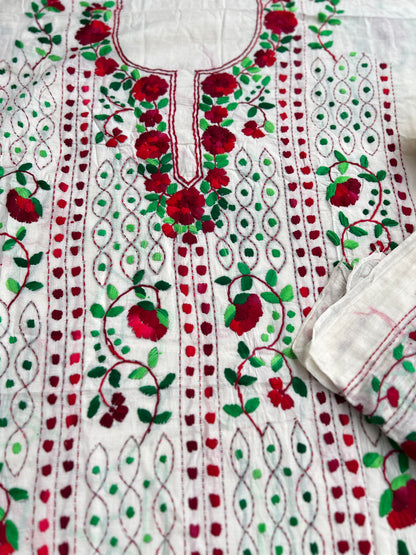 Ivory White Crimson Floral Embroidery Suit