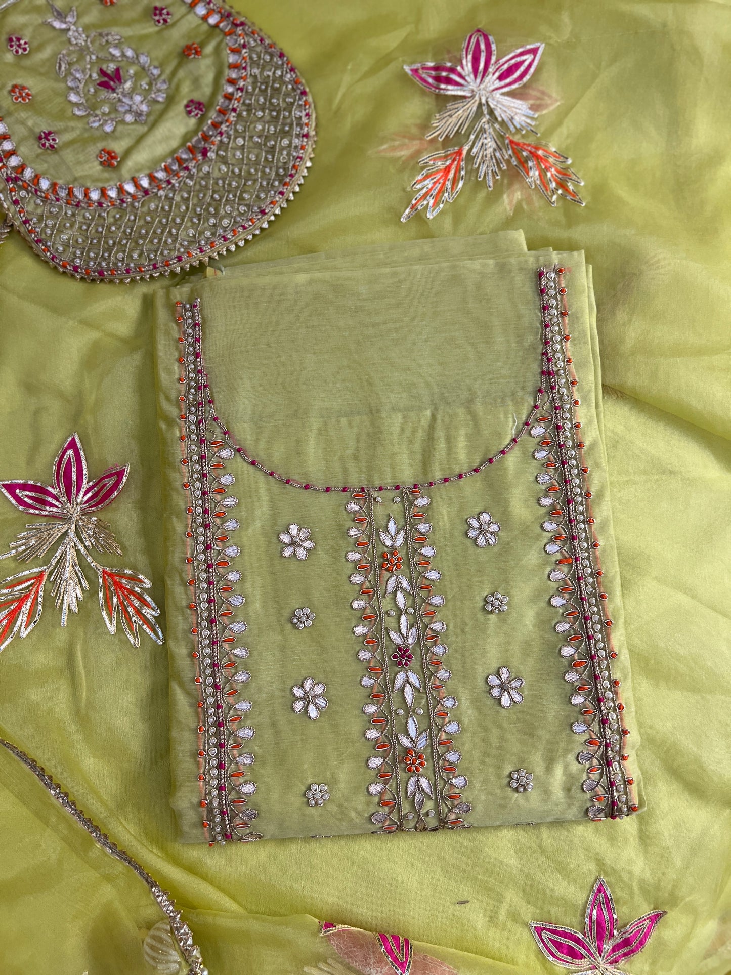 Lemon Yellow Chaderi silk  Handwork Unstiched suit