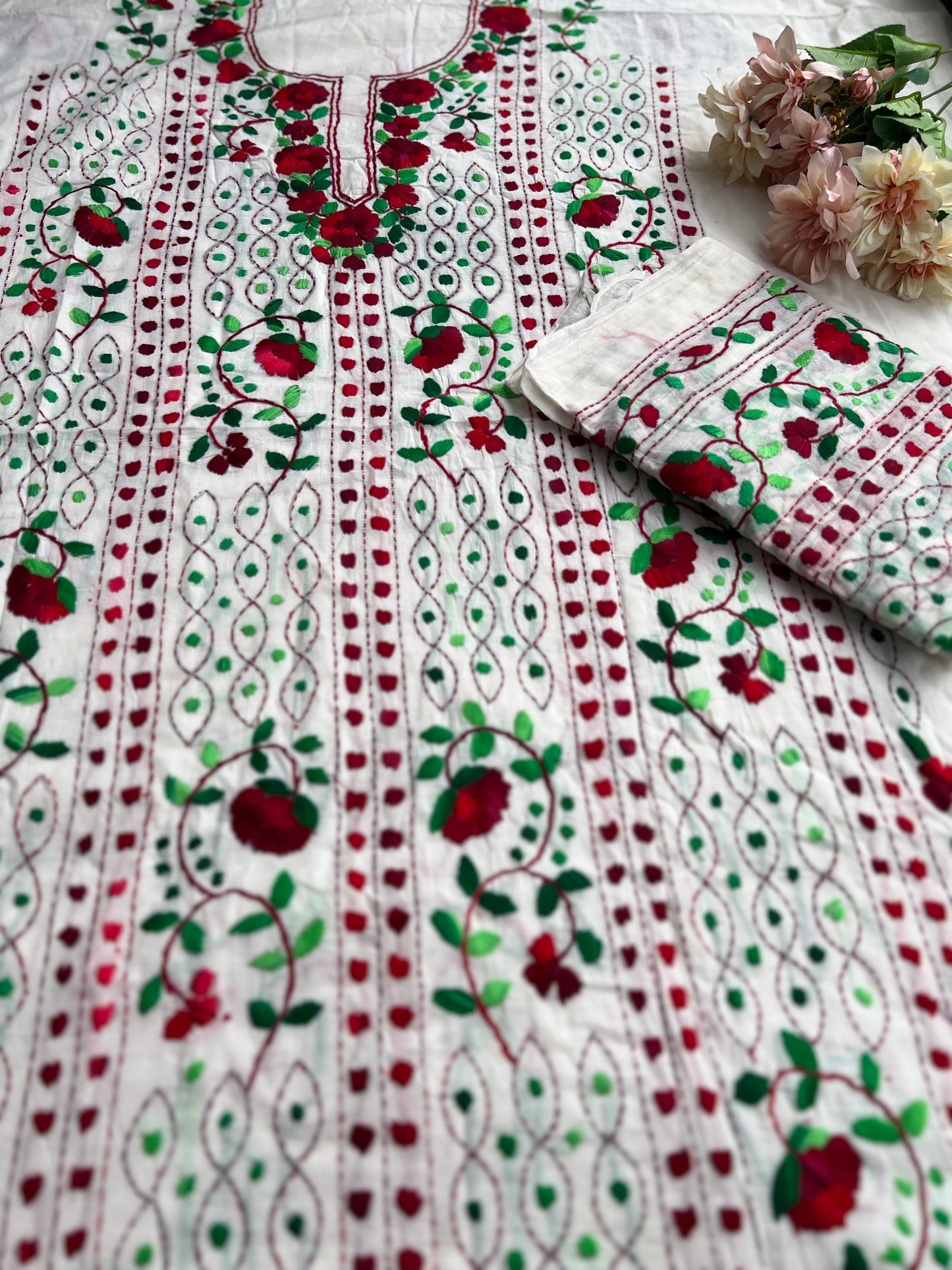 Ivory White Crimson Floral Embroidery Suit