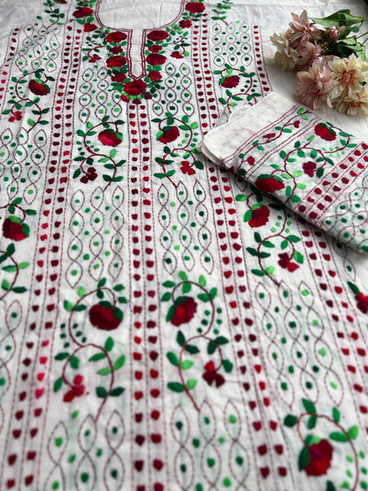 Ivory White Crimson Floral Embroidery Suit
