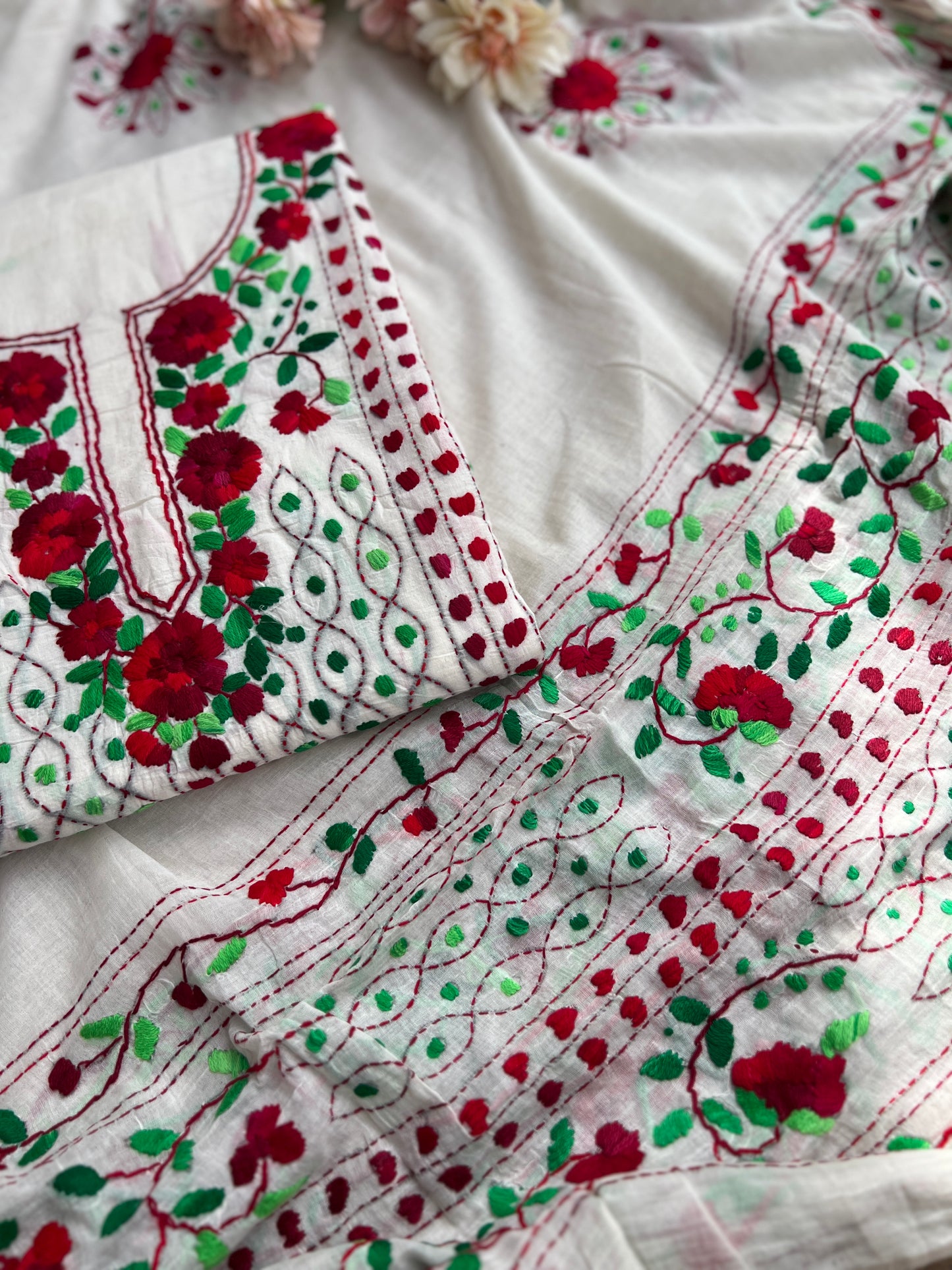 Ivory White Crimson Floral Embroidery Suit