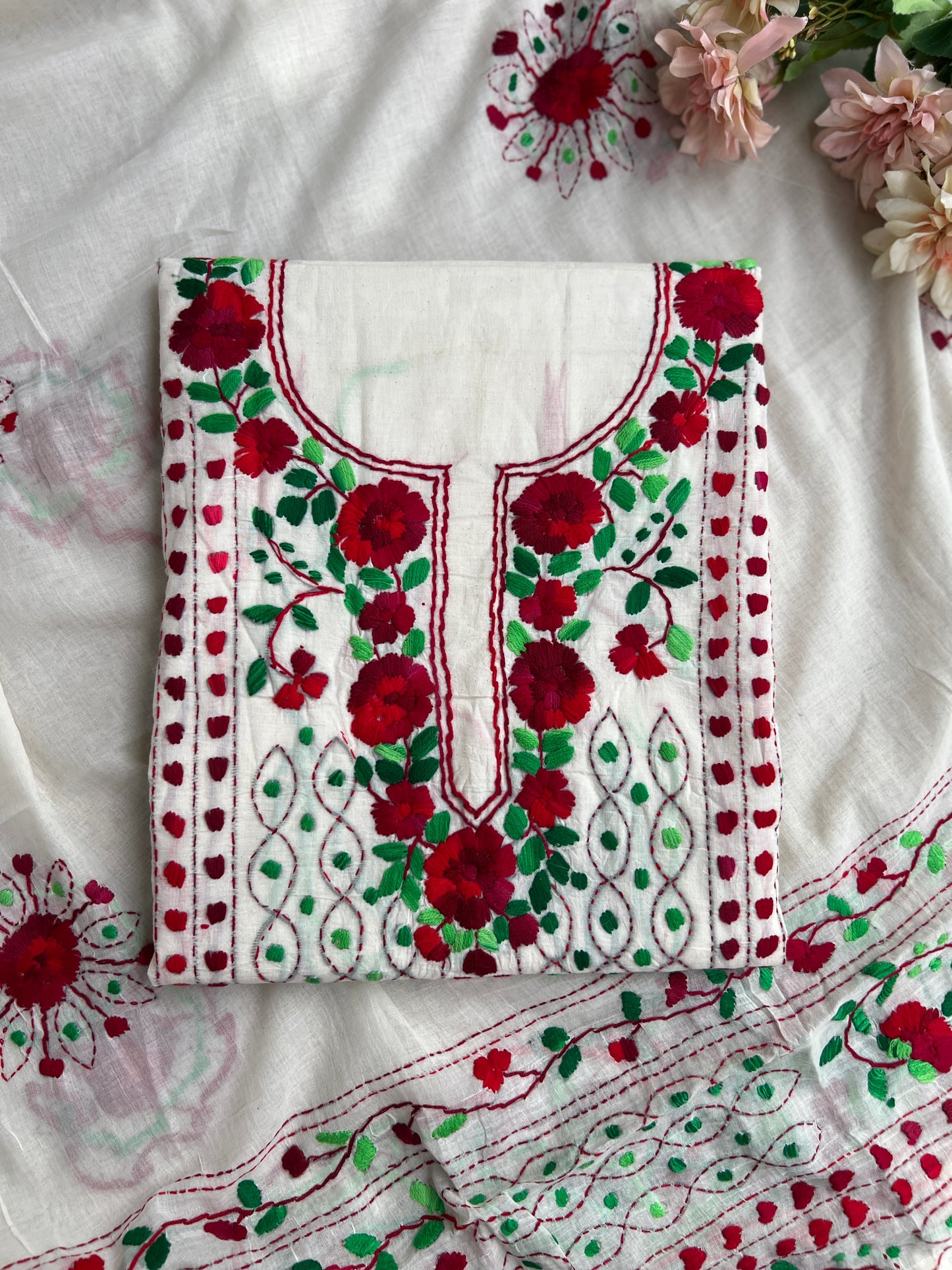 Ivory White Crimson Floral Embroidery Suit