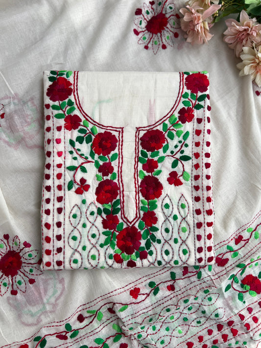 Ivory White Crimson Floral Embroidery Suit