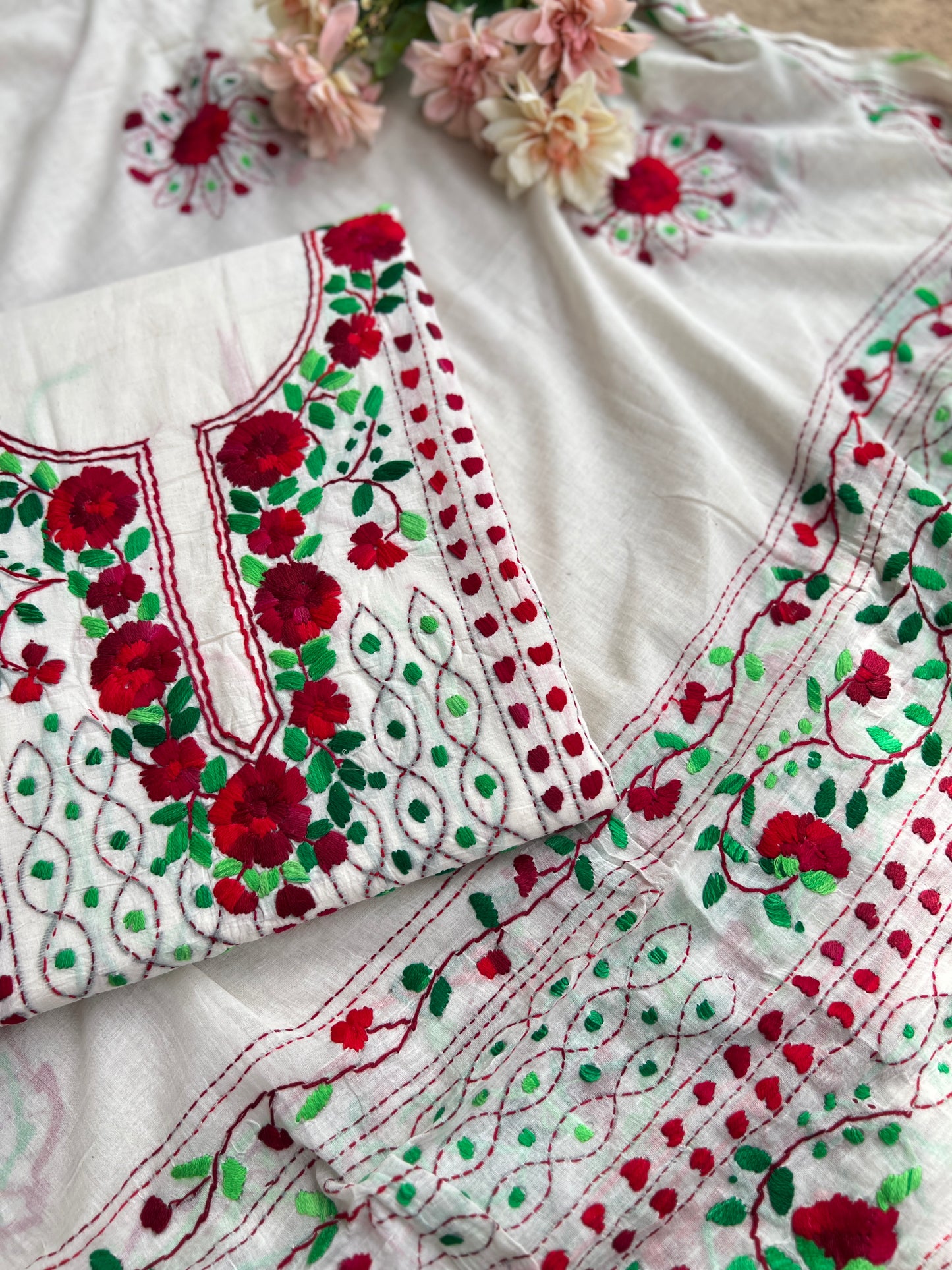 Ivory White Crimson Floral Embroidery Suit