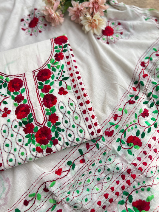 Ivory White Crimson Floral Embroidery Suit
