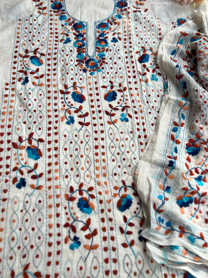 Ivory White Aqua Blue Floral Embroidery Suit
